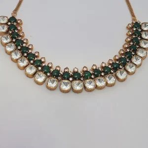 Alternative view of Polki Choker with layers of Stones & Mossainite, Green