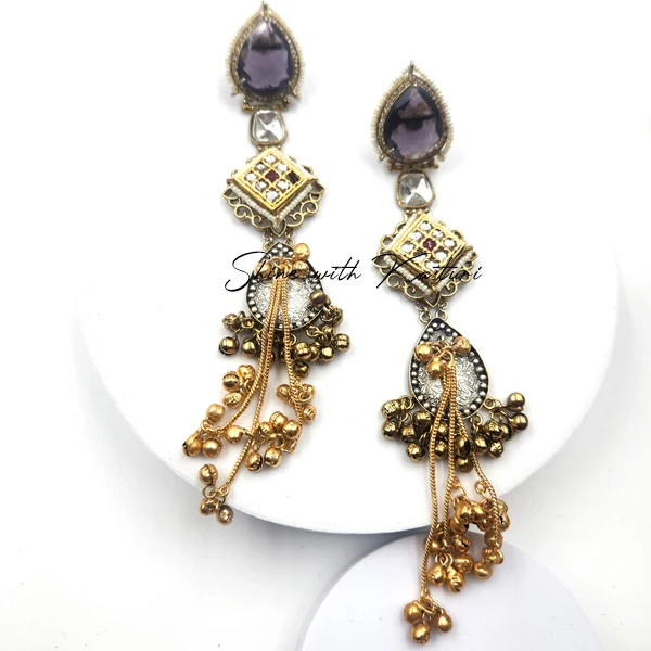 Long Kashmiri Jhumkis, kundan & stone