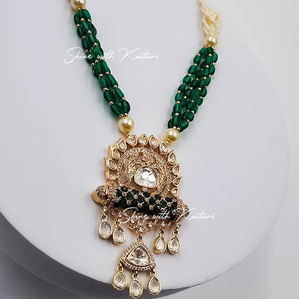 Beaded Kundan Necklace Set with Earrings, Green - Image 2