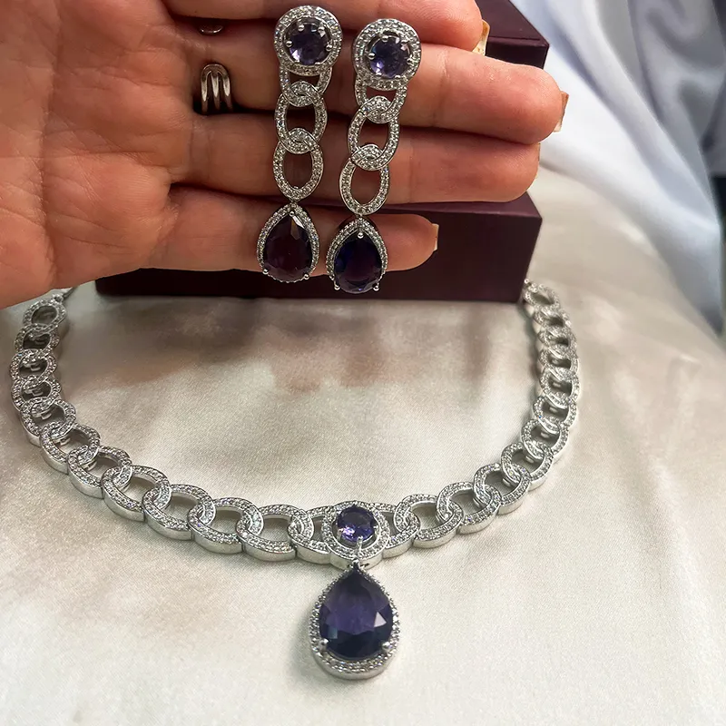 Jia Cubic Zirconia Choker Necklace, Purple - Image 3