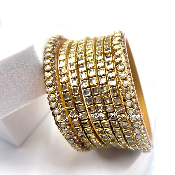 Golden Kundan Mirror Bangles Set - Image 3