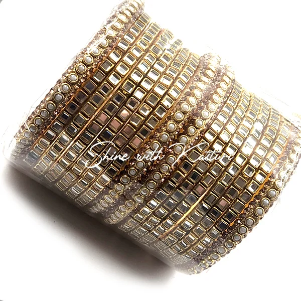 Golden Kundan Mirror Bangles Set - Image 2