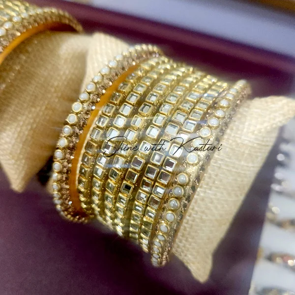 Golden Kundan Mirror Bangles Set - Image 5