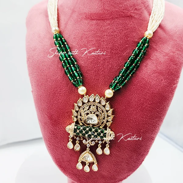 Beaded Kundan Necklace Set with Earrings, Green
