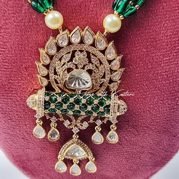 Beaded Kundan Necklace Set with Earrings, Green - Image 3
