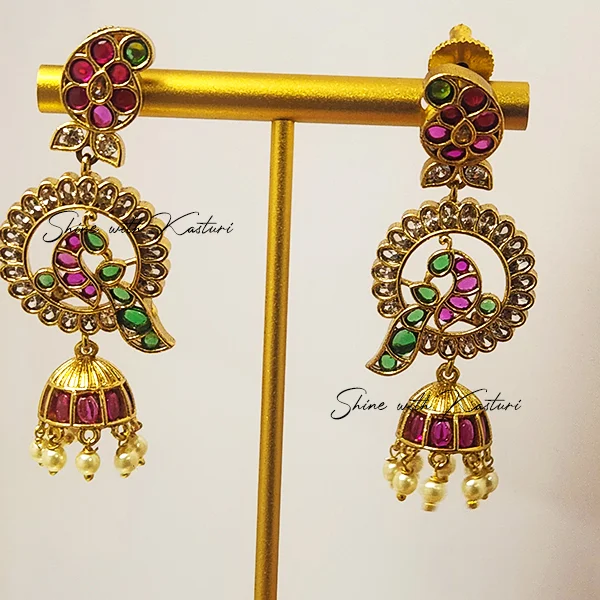 Long Jhumki Earrings, Peacock Style - Image 2
