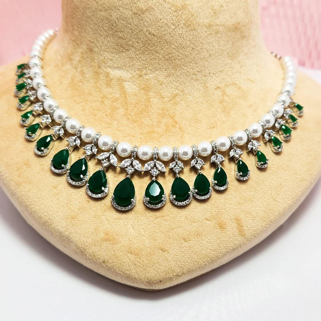 CZ Layered Necklace with Pearls & Green Stones - Image 3
