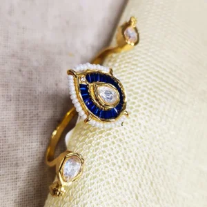 Ruby Blue Polki & Pearl Adjustable Ring