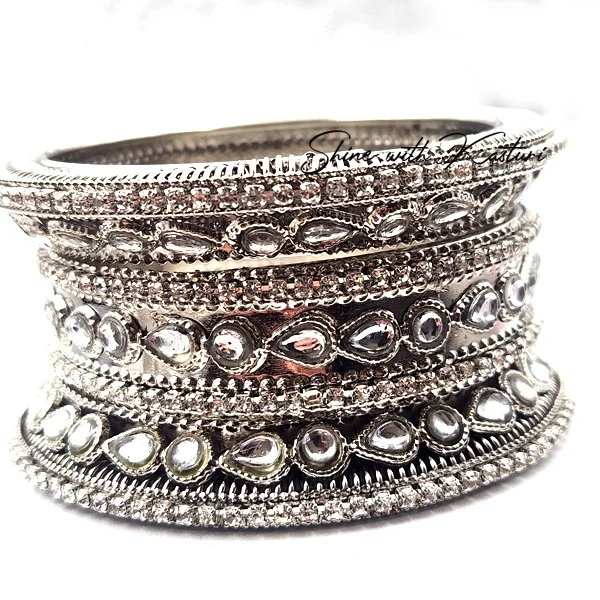 Silver Plated Kundan Bridal Bangles Set - Image 3
