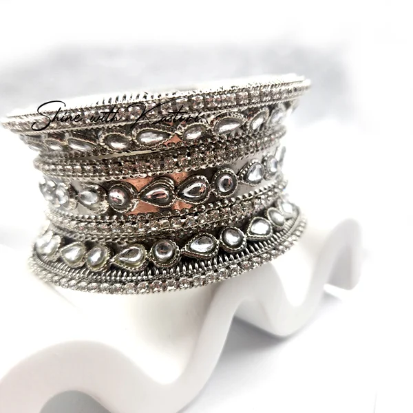 Silver Plated Kundan Bridal Bangles Set - Image 5