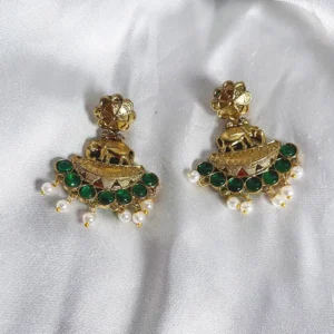 Temple Motiff Earrings with stone, Green