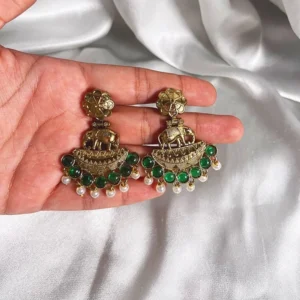 Alternative view of Temple Motiff Earrings with stone, Green