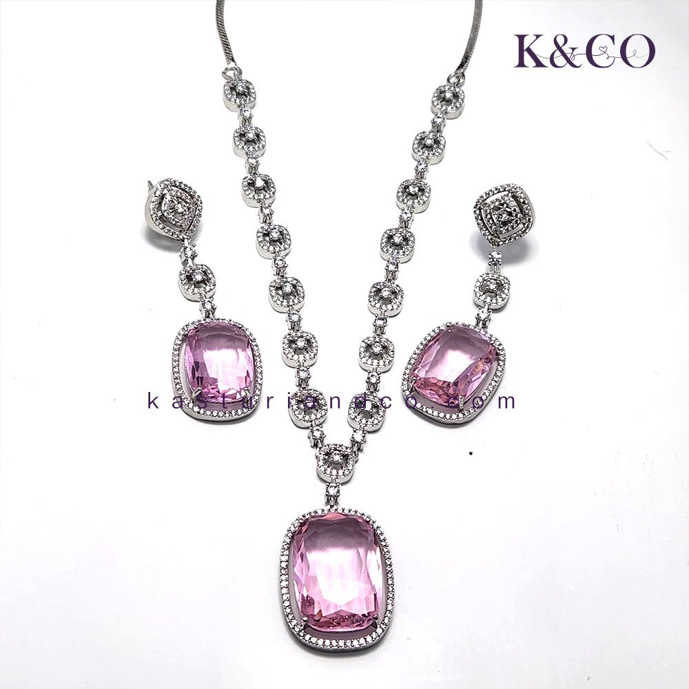 Cubic Zirconia Doublet Stone Necklace, Pink - Image 3