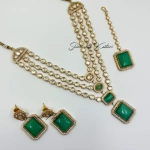 Alternative view of Emerald Triple-Layer Stone Kundan Necklace