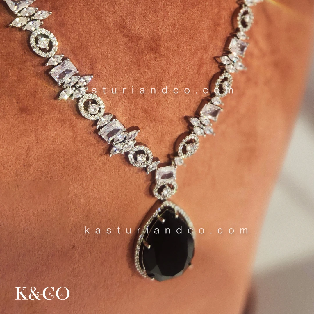 Sargun CZ Necklace Set with Doublet Stone, Black - Image 2