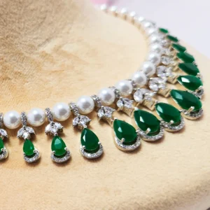 CZ Layered Necklace with Pearls & Green Stones