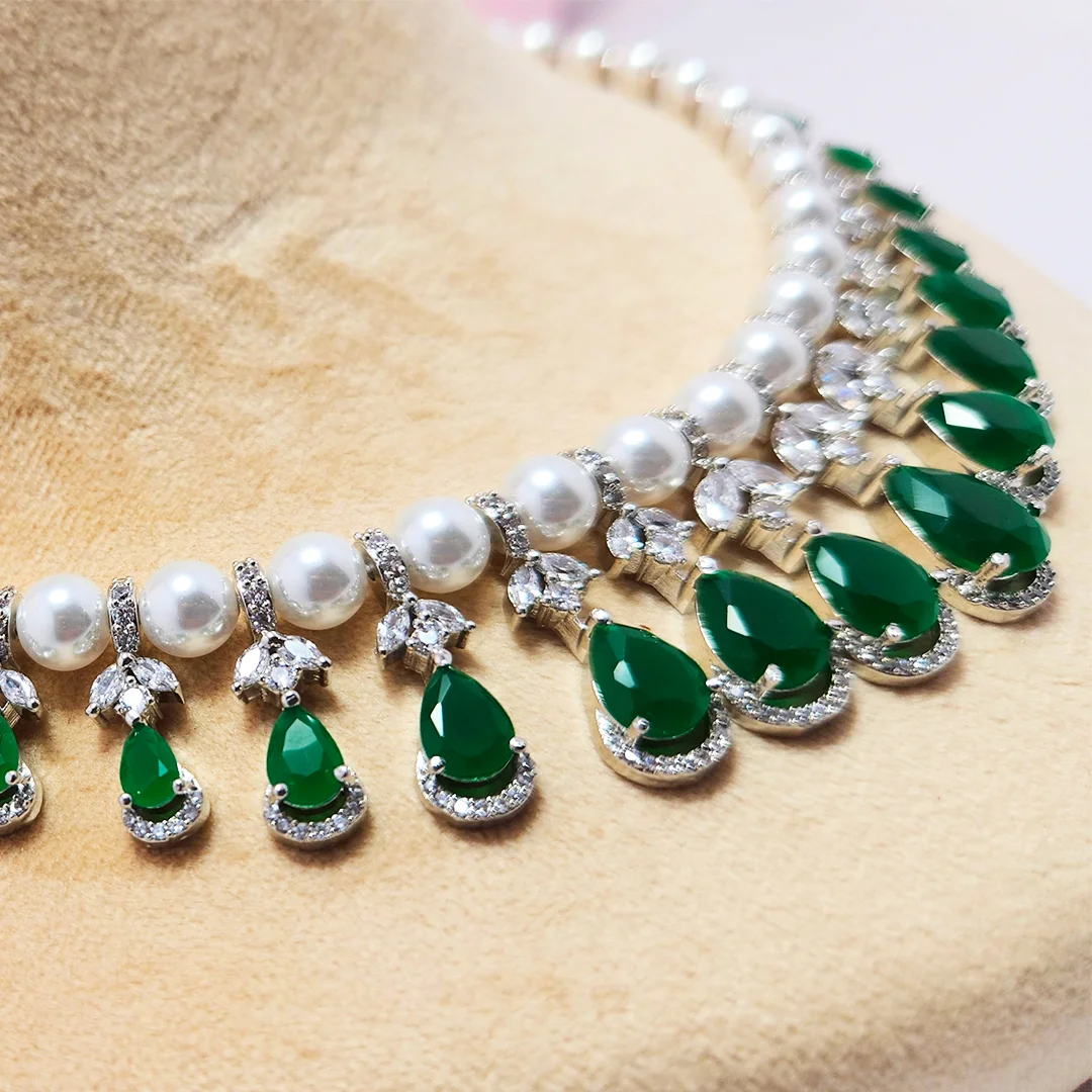 CZ Layered Necklace with Pearls & Green Stones