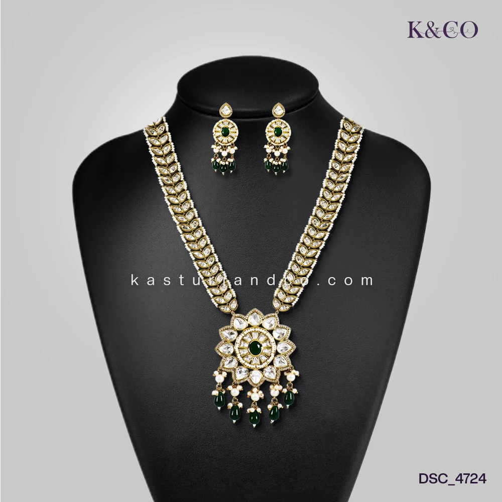 Royal long Polki Studded Necklace with Stones - Image 3