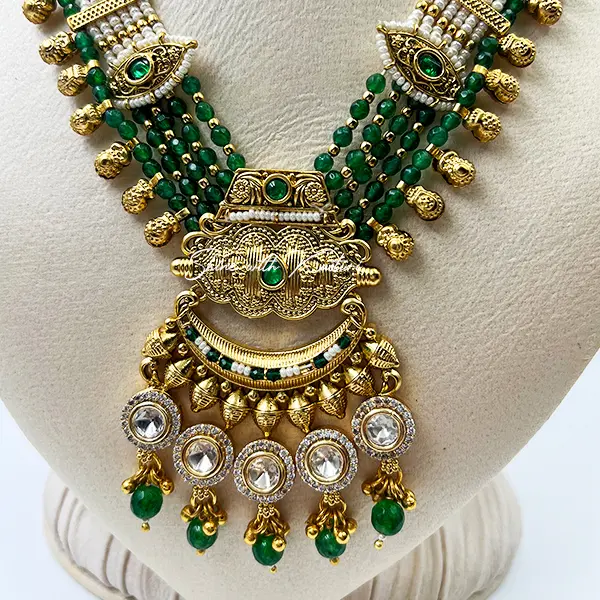Regal Emerald Beads Long Necklace & Jhumka Set - Image 3