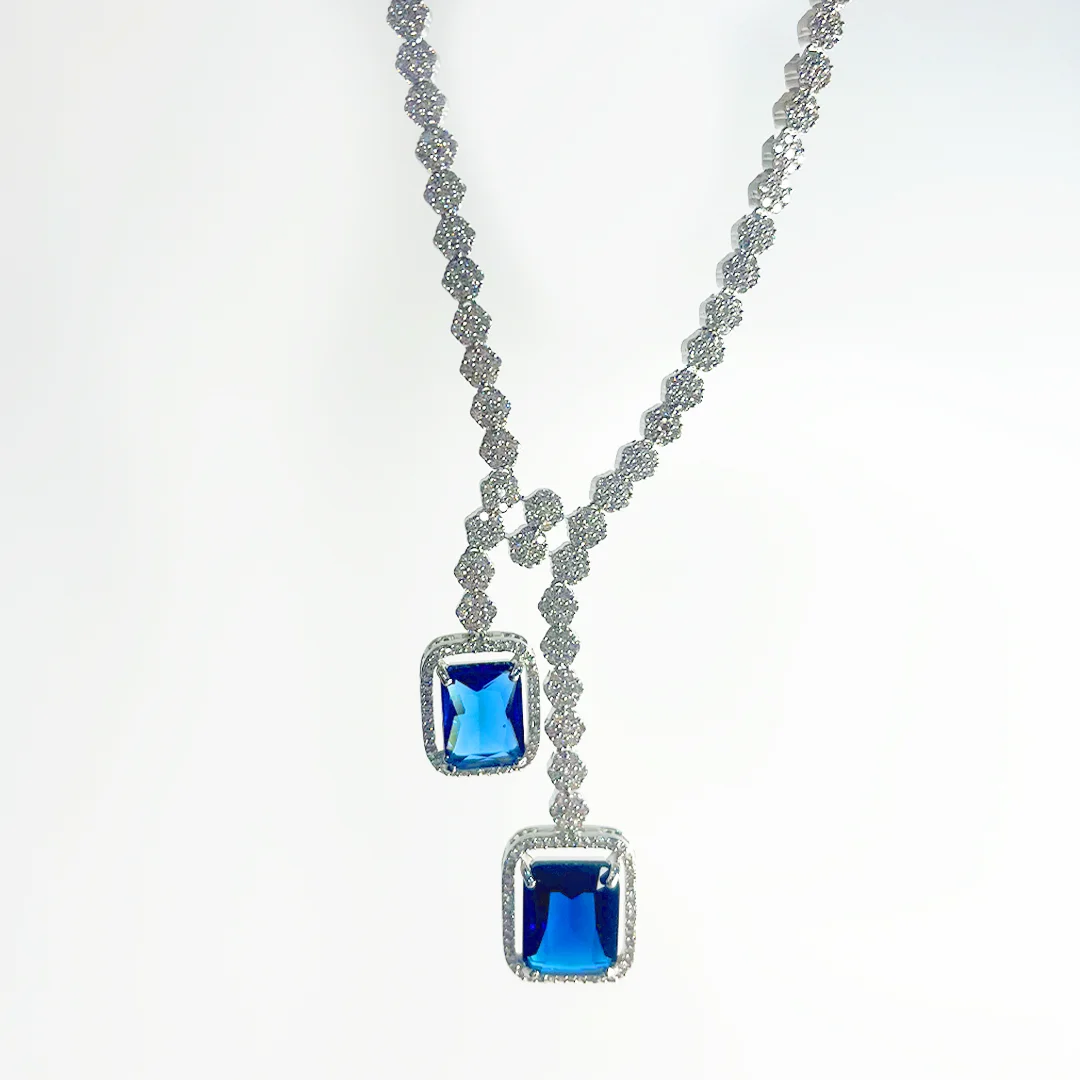 Cz Classic Y Necklace With Rhodium Plating, Blue - Image 2