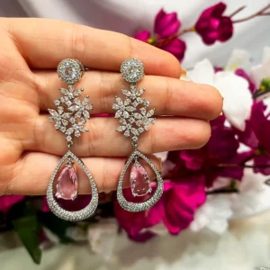 Alternative view of Long Drop CZ & Stone Earrings