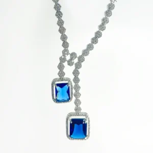Cz Classic Y Necklace With Rhodium Plating, Blue