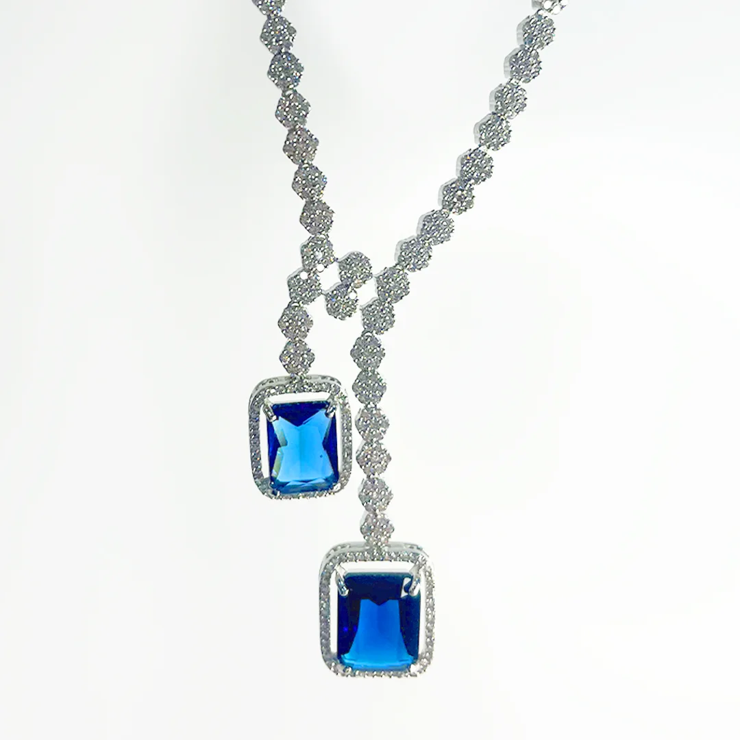 Cz Classic Y Necklace With Rhodium Plating, Blue