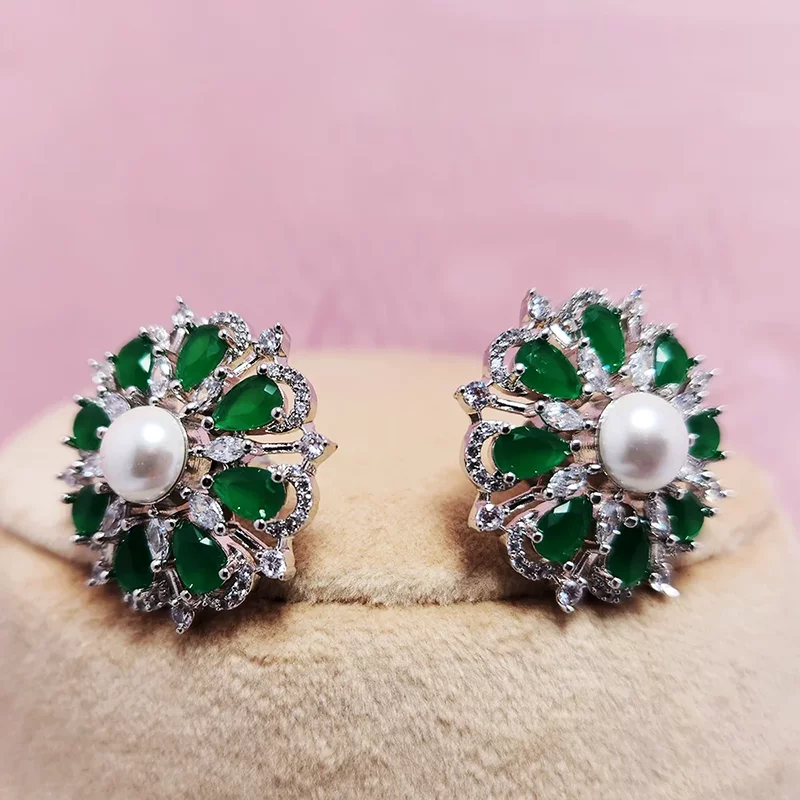 CZ Layered Necklace with Pearls & Green Stones - Image 2