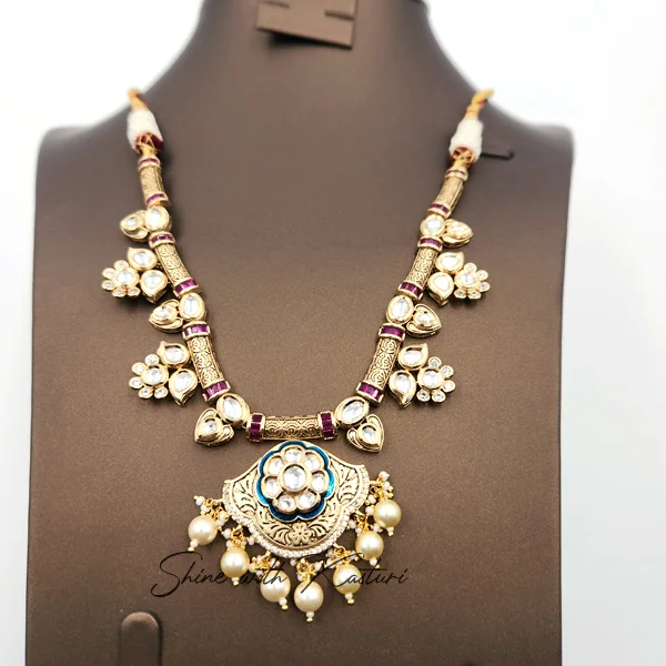 Antique Polki Necklace with Pearl Drops - Image 2