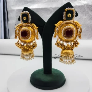 Ruby Antique Jhumka Earrings with Pearls