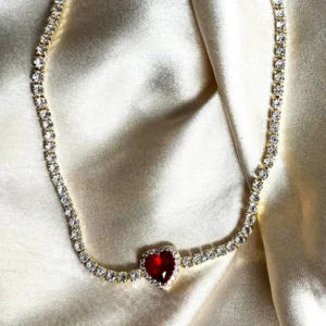 Tennis  Necklace with Heart Charm Ruby