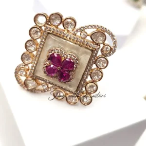 Square Enamelled Ring with Ruby Floral Design