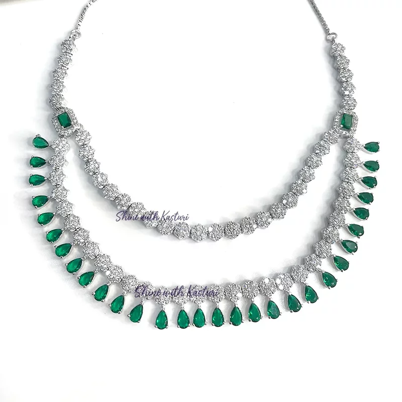 Lovisa Layered Necklace, CZ & Stones, Silver plated Green - Image 3