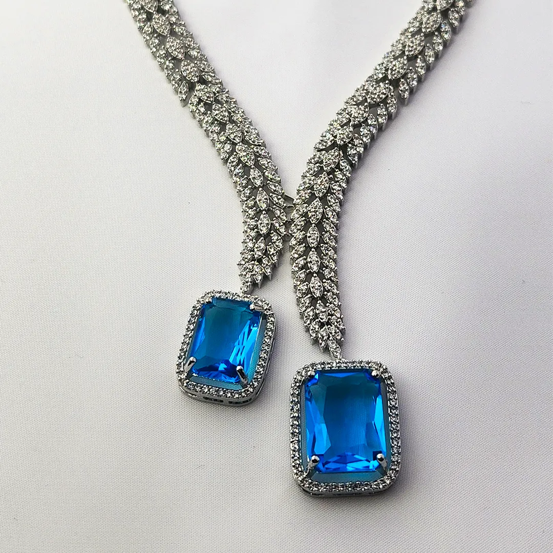 Minu Silver Plated Y Necklace AD, Aqua Stone - Image 4