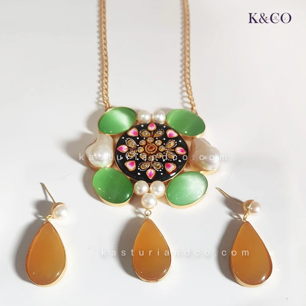 Zara Ethnic Designer Pendant Set Green