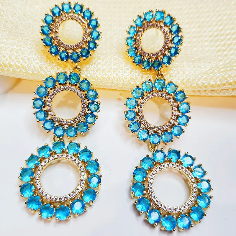 Triple Circle Blue Stone Stud Earrings