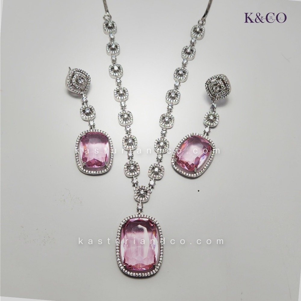 Cubic Zirconia Doublet Stone Necklace, Pink - Image 4