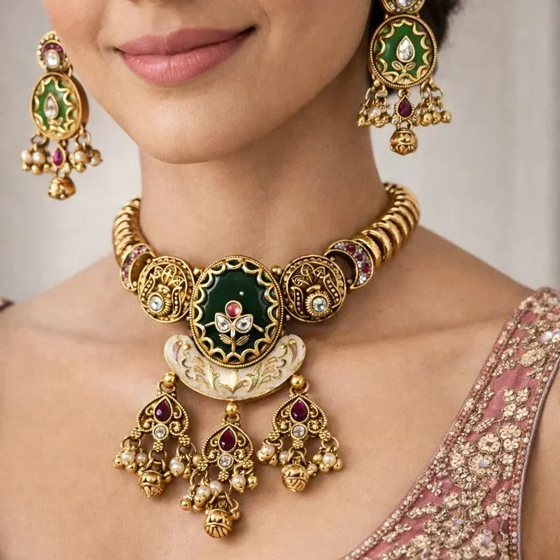 Antique Choker Necklace Set with Meenakari