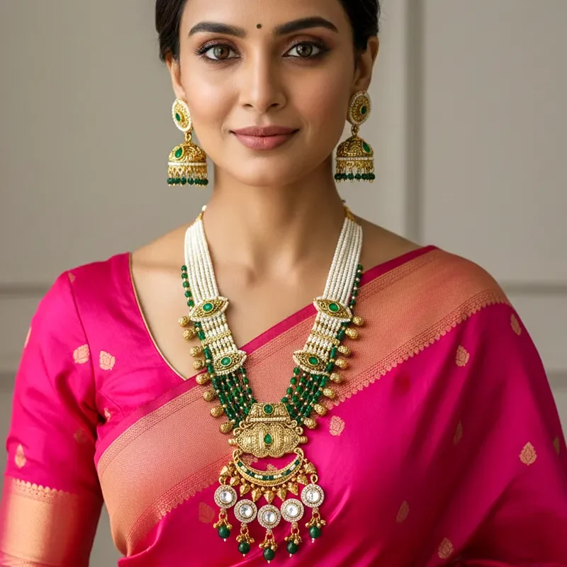 Regal Emerald Beads Long Necklace & Jhumka Set